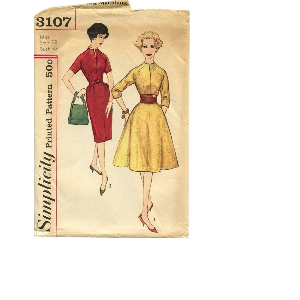 Simplicity 3107 Vintage Sewing Pattern Misses Dress Size 12 Bust 32 1950s Style